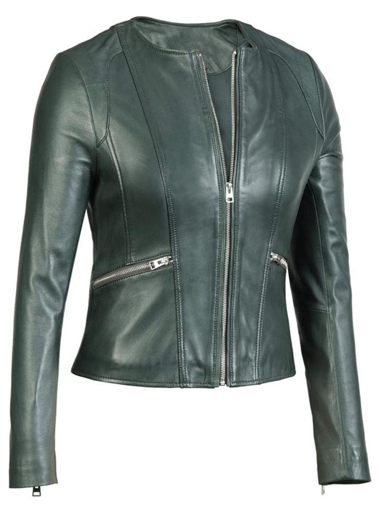 Sculpt Australia womens leather jacket Green Crew Neck Leather Jacket